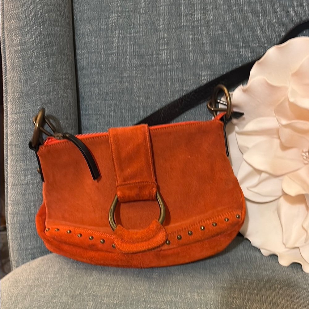 Orange Suede Shoulder Bag with Stud and Ring Detail